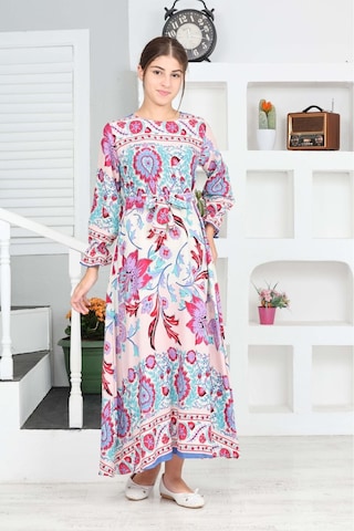 Kız Çocuk Viskon Kumaş Desenli Uzun Elbise Mavi