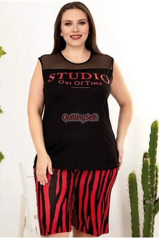 Lady Rahat Ve Şık Kadın Çizgi Desenli Siyah Renk Büyük Beden Şortlu Anne Pijama Takımı - 10405 - 4xl Siyah - Kırmızı