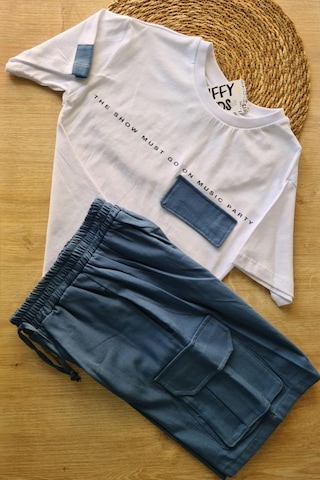 2'li Erkek Çocuk Beyaz Tişört Mavi Şortlu Takım-1364 Beyaz