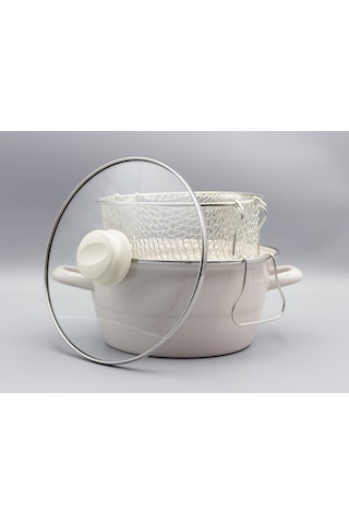 Bonera Emaye Cam Kapaklı Beyaz Kızartma Tenceresi 22cm Krem
