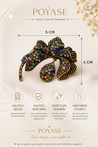Renkli Taş Detaylı Vintage Eskitme Gold Görünümlü Fiyonk Broş Rozet Şal, Ceket, Gömlek Aksesuarı Diğer