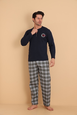 Flk 7014 İnterlok Kışlık Ekose Pijamalı Erkek Pijama Takımı Lacivert