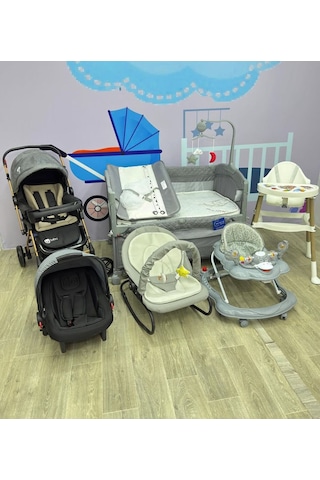 Yeni Doğan Oslo Bebek Çeyiz Seti Beşik + Bebek Arabası + Puset +yürüteç+mama Sandalyesi... Gri