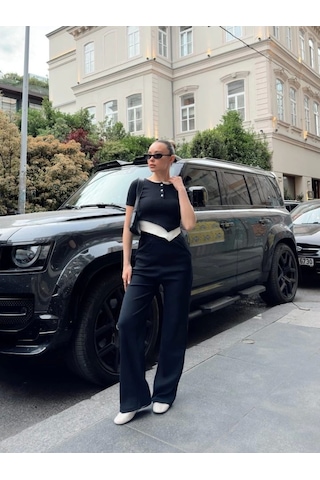 Kadın Bisiklet Yaka Asimetrik Kesim Atlet Detay Bluz Ve Yüksek Bel Bol Paça Pantolon Ikili Takım Siyah