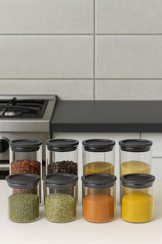 8 Lı Baharatlık Setı 70 X 100-70 X 160 Plastık Kapak-borosilikat Cam-cam Baharatlık 300 Ml+500 Ml Şeffaf - Beyaz