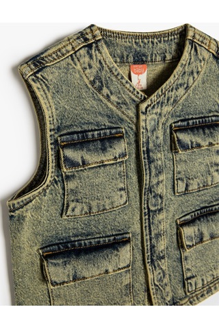 Koton Biker Kot Yelek Kolsuz Kapaklı Cepli Orta İndigo 4smb60005td