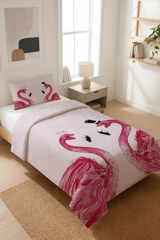 Flamingo Desenli Kadife Kumaş Kapitoneli Tek Kişilik Yatak Örtüsü Seti 2 Parça Tky0040 Çok Renkli