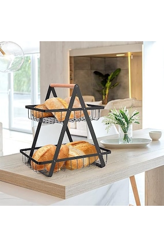 Geeroyoo Karbon Çelik Meyve Sepeti, 3 Katlı Siyah, Ahşap Saplı, Mutfak Ve Oturma Odası İçin Ekmek-meyve-atıştırmalık Depolama Sepeti Üç Katlı Siyah Meyve Kosusu
