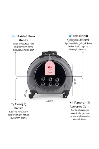 Vg Premium Kedi Taşıma Valizi Panoramik Açılır Kapaklı