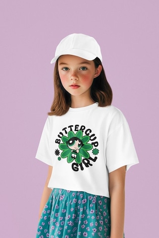Sevbano Power Puff Girls Buttercup Girl Baskılı Unisex Çizgi Film Çocuk T Beyaz