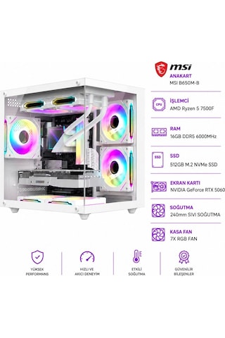 Apphirex ROSA X50 R5-7500F 16 GB 512 GB M.2 SSD 8 GB RTX5060 W11P Masaüstü Oyuncu Bilgisayarı Beyaz