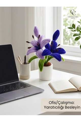 Crystal Coza El Yapımı Saksılı Mavi Şönil Çiçek 28 Cm - Salon Yatak Odası Ofis Dekoratif Yapay Çiçek Lilyum Mor - Mavi