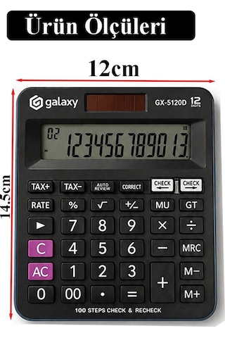 Hesap Makinesi Siyah 12x14.5 Cm 1 Adet Galaxy Gx-5120d 12 Haneli Orta Boy Ofis Büro Masaüstü Hesap Makinası