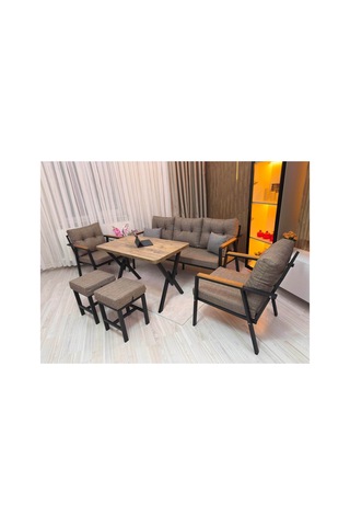 Houseart Dora 3 -1 - 1 + Masa + 2 Adet Puf , Balkon, Bahçe, Teras, Cafe - Salon - Metal Kanepe Koltuk Takımı , Çay Seti Cappuccino
