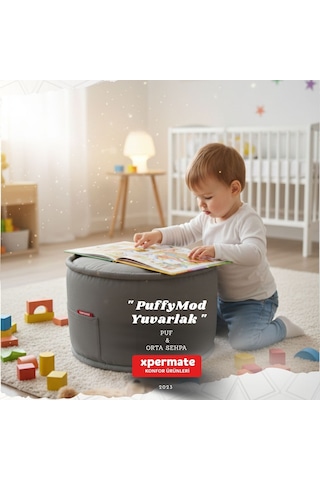 Dekoratif Yuvarlak Puf Orta Sehpa Puf 60x42 Cm Puffymod Gri