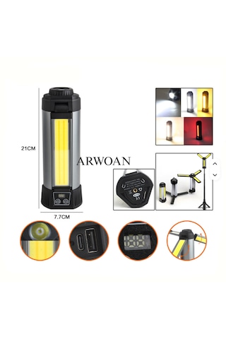 Arwoan Şarjlı Led Kamp Lambası 360 Tripod Uyumlu, Powerbank Özellikli, Çok Modlu Taşınabilir Çalışma Işığı 21 Cm Açık Gri