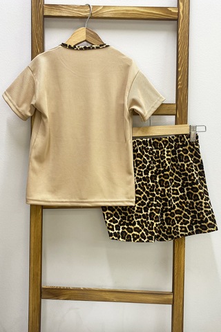 Kız Çocuk Şort Etek Takım Leopar Baskılı Fırfırlı B1 Taba