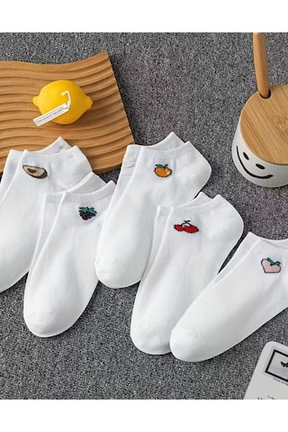 Hitit Socks Kadın 5 Çift Renkli Meyve Desenli Günlük Premium Kalite Bilek... Beyaz