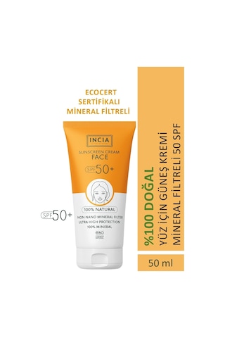 INCIA %100 Doğal Yüz Güneş Kremi Leke Karşıtı Mineral Filtreli Yüksek Koruma SPF 50+ UVA UVB 50 ML