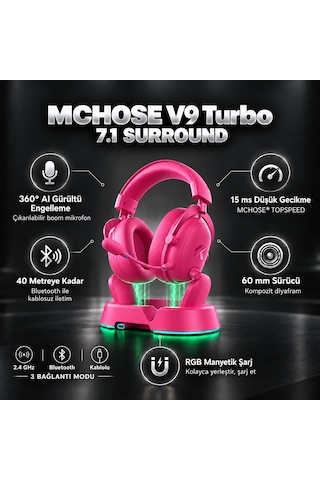 Mchose V9 Turbo+ Berry Red 7.1 Surround Kablosuz Gaming Kulaklık Hw-v9-12