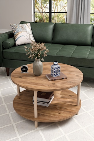 Alpaevmobilya Modern Yuvarlak Orta Sehpa 60 Cm 2 Raflı Ahşap Ayaklı Çok Amaçlı Organizer Sehpa Atlantik Çam