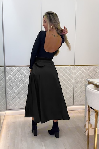 Kadın Yüksek Belli Maxi Deri Kemersiz Etek Siyah