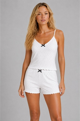 Pijamask Kadın Beyaz Puantiyeli İnce Askılı Şortlu Pijama Takımı Fiyonk Detaylı Yazlık İkili Ev Giyim Seti Beyaz