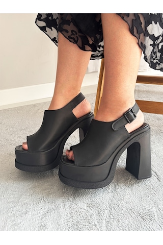 Asmi Shoes Kadın Veronica Siyah Cilt 12 Cm Önü Ve Arkası Açık Platform Topuklu Ayakkabı