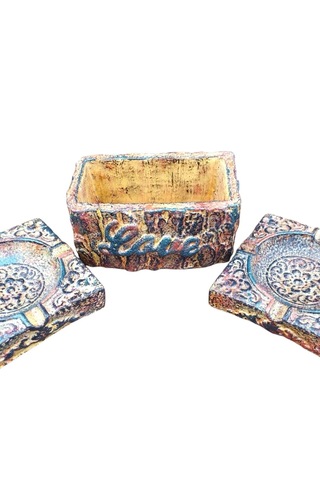 Hediyemiks 3 Lü Dekoratif Kase Seti Küllük & Saksı -vintage Eskitme El Yapımı Tasarım