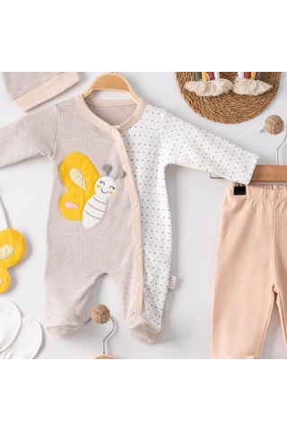 Candar 3 Ay Kelebek Nakışlı Tulum Erkek Bebek 5'li Set Kahverengi