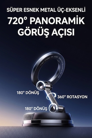 Ultra Güçlü Vakumlu Ve Mıknatıslı 360+360 Hareketli Metal Magsafe Telefon Tutucu Siyah