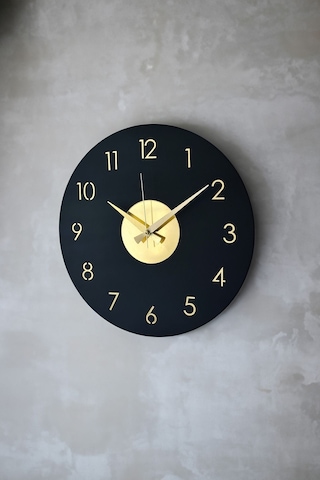 Ahşap Dekoratif Pleione Gold Aynalı Duvar Saati 48cm Siyah - Gold