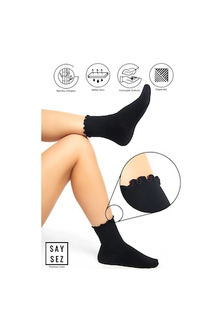 Bambu Kadın Lastiksiz Siyah Fırfırlı Soket Dikişsiz Çorap 3'lü Paket / İz Bırakmaz / Sıkmayan Çorap Renkli