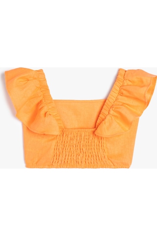Koton Keten Crop Bluz Kelebek Kollu Kare Yaka Turuncu 4skg60057aw Turuncu