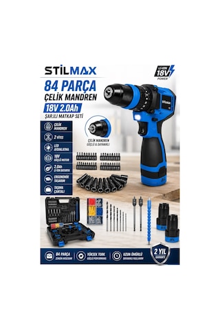 Stilmax 18v Brushless Şarjlı Matkap Seti 84 Parça Çelik Mandren Çift Akülü 2.0ah Vidalama Darbeli