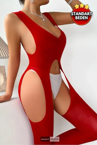 Geniş Askılı Jartiyer Detaylı Kırmızı Vücut Çorabı