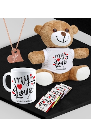 Kişiye Özel Sevgili Peluş Ayı Kupa Madlen Çikolata Ve Rose Kalp Kolye Set - 81