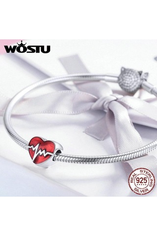Wostu 925 Ayar Gümüş Kalp Atışı Kalp Boncuk Kırmızı Emaye Charms Fit Orijinal Bilezik Kalp Charm Gümüş