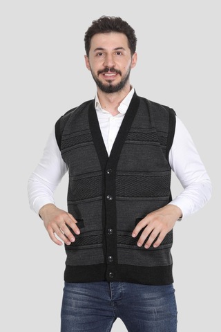 Kzc Tekstil Erkek Baba Orta Yaş Ve Üzeri Triko Örgü Akrilik Kışlık Kalın Dokulu Düğmeli Cepli Baba Yelek Antrasit