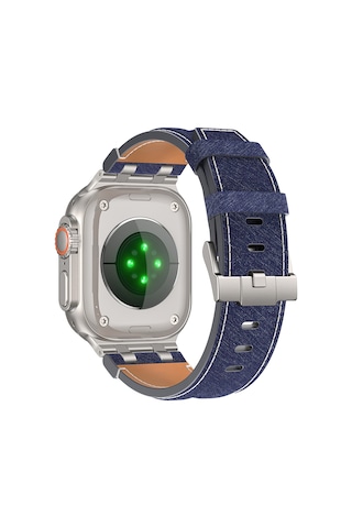 Apple Watch 7 45mm Uyumlu Kordon Kot Kumaş Tasarımlı Krd-153 Gümüş-mavi