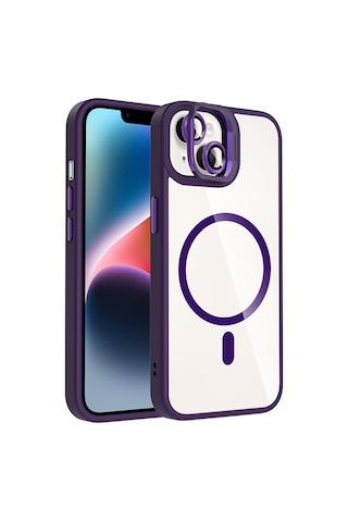 iPhone Uyumlu 14 Kılıf Standlı + Kamera Lens Koruma Setli M-safe Şarj Özellikli Mkst Etro Kapak Derin Mor Derin Mor