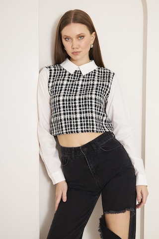 Darlin Moda Siyah Tweed Gömlek Yaka Crop Bluz Dm9002 Siyah