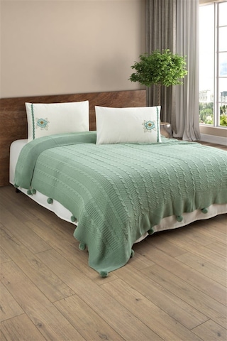 Triko Örme Gül Nakışlı Battaniye Takımı -tivoli Rosetta Mint