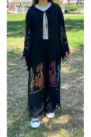 Siyah Renkli Çiçek Desenli Kaftan Kimono Salaş Yazlık Plaj Ve Günlük Kullanım Çok Renkli