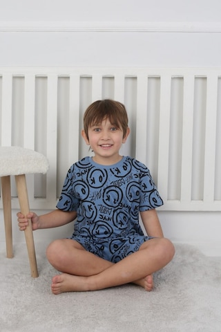 Bunny Hopp Şortlu Erkek Çocuk Pijama Takımı %100 Pamuk Desenli Yazlık 3-8 Yaş Mavi Siyah