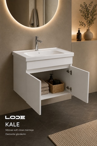 Lode Bath Kale Beyaz Demonte Lavabolu Alt Banyo Dolabı, Seramik Lavabo Dahil 80 Cm