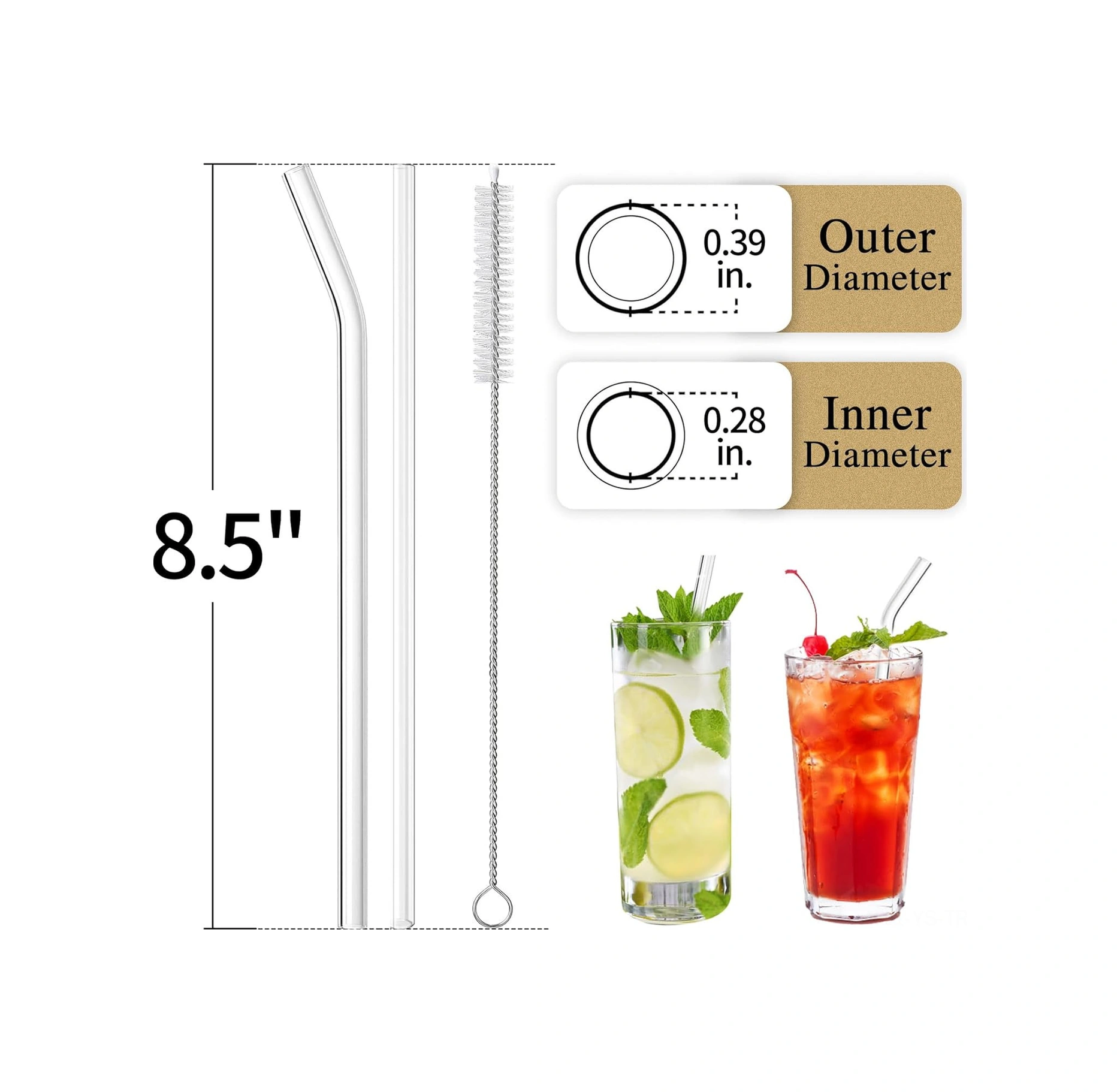 Yunboo Cam Pipet Seti 16 Parça: 6 Düz + 6 Eğik Pipet Ve 4 Temizleme Fırçası - Yeniden Kullanılabilir, Şeffaf, Milkshake Ve Suyu İçin Uygun 8.5 10mm Şeffaf