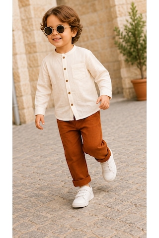 Nota Kids Müslin Çocuk Takım %100 Pamuk Yazlık İkili Takım Bej Düğmeli Gömlek Ve Pantolon Kahverengi Nota Kids Müslin Çocuk Takım %100 Pamuk Yazlık İkili Takım Bej Düğmeli Gömlek Ve Pantolon Kahverengi