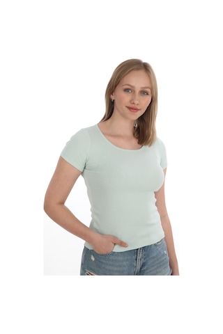 Monox Kadın Fitilli Likralı Pamuk Basic Tshirt Yeşil