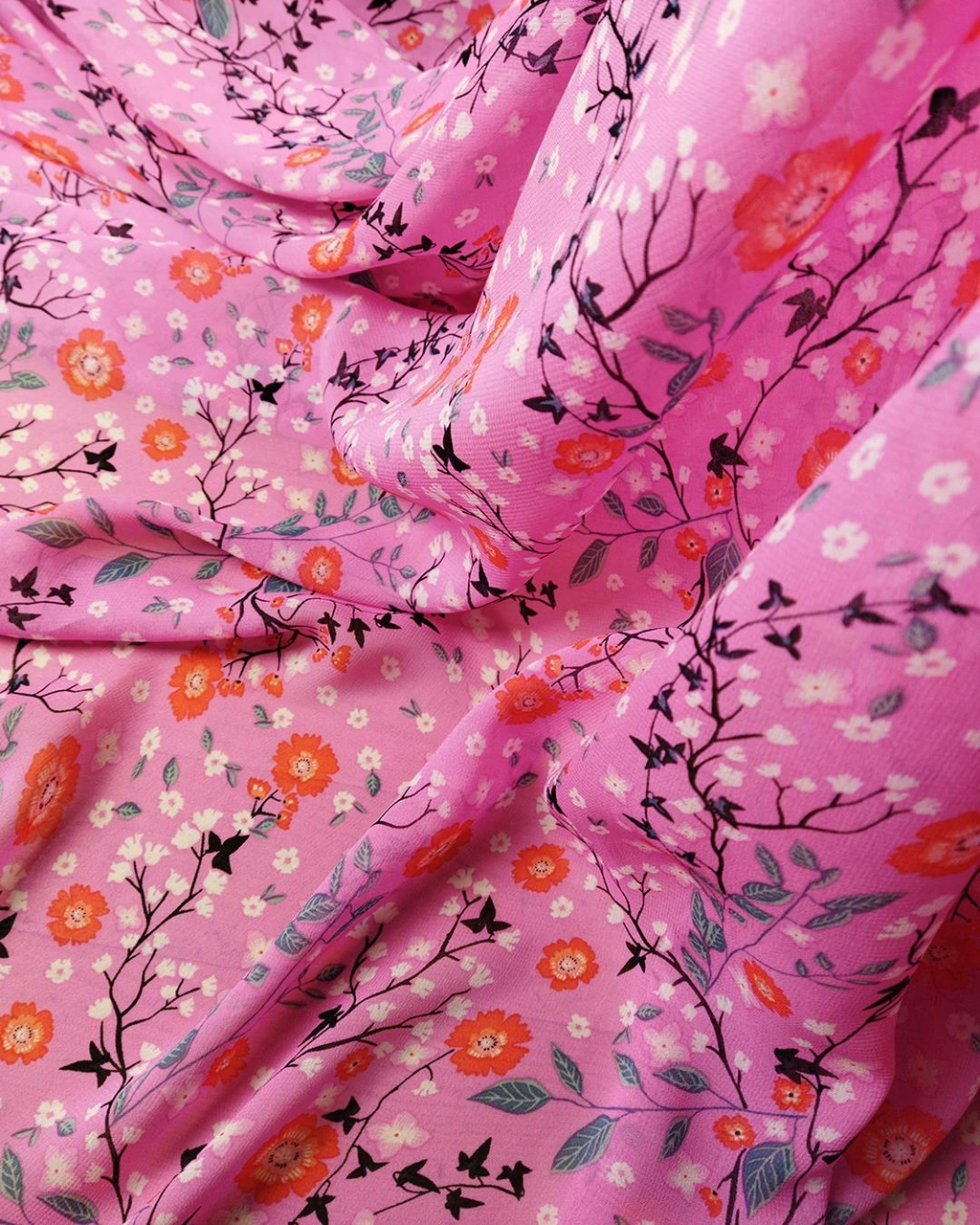 Şifon Japon Çiçeği Desenli Fuşya Pembe Mor Renklerde En: 140 Cm-1431 Renkli